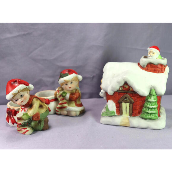 Christmas Elf Figurines Santa Music Box Beacon Hill Candleholders Set Girl Boy - Picture 1 of 9